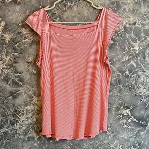 LOFT Red & White Striped Cap Sleeve Rounded Hem Tank Top Tee with Relaxed Fit